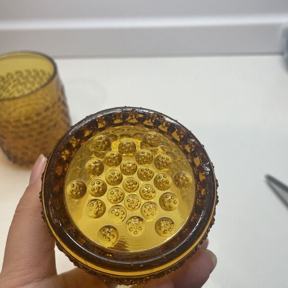 A Pair Hobbs Brockunier? Dew Drop Tumblers France Glass Hobnail 3.25”H Amber - Picture 8 of 12